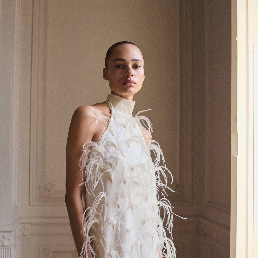 Mango Cream Backless Feather Dress